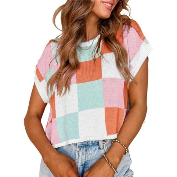Women's Cap Sleeve Color Block Crop Top - Trendy Casual Knit Summer‎ Sweater - Picture 1 of 6